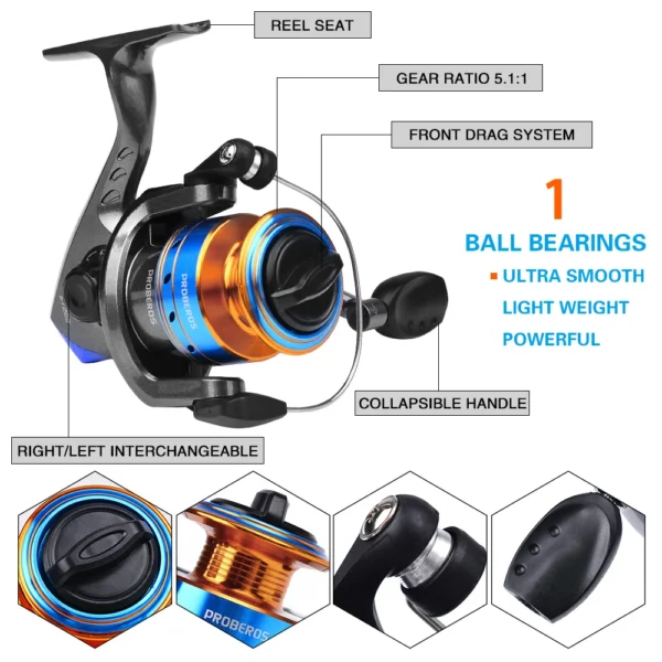 PROBEROS 1.5m-2.4m Fishing Rod and Reel Combo Kit Spinning Fishing Reel and Spinning Rods Fishing Line Lure Bag Hooks Full Set - Image 3
