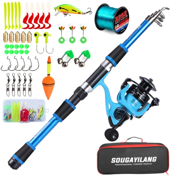 Sougayilang Telescopic Fishing Rod Full Kits with 1.8m Fiberglass Rod and 5.2:1 Spinning Reel Baits Hooks set with Fishing Line
