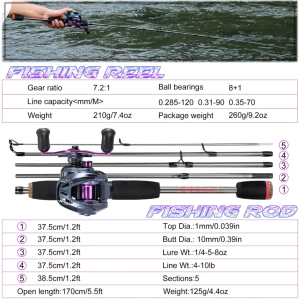 Sougayilang Fishing Rod Combo 1.7m Carbon Fiber Casting Rod and Baitcasting Reel with Free Pe Line As Gift Max Drag 8kg for Bass - Image 2