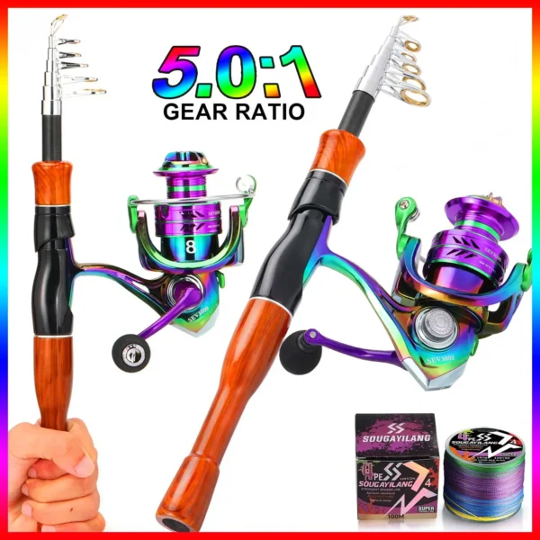 Sougayilang Telescopic Fishing Rod Reel Set 1.6m Carbon Fiber Spinning Rod and 1000~3000 Series Spinning Reel Max Drag 8Kg Pesca
