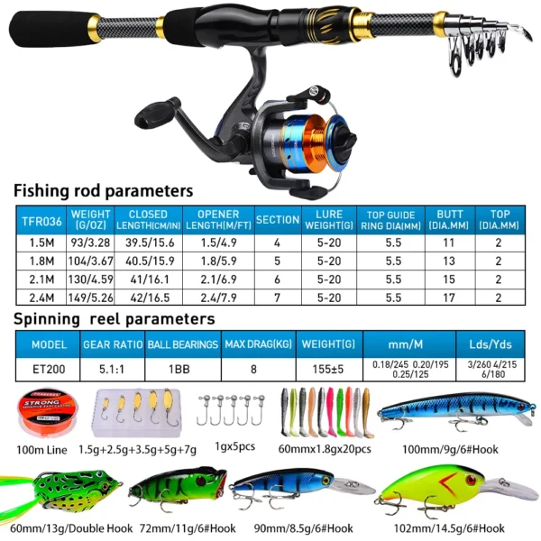 PROBEROS 1.5m-2.4m Fishing Rod and Reel Combo Kit Spinning Fishing Reel and Spinning Rods Fishing Line Lure Bag Hooks Full Set - Image 2