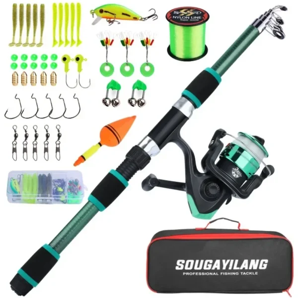 Sougayilang 1.8m Fishing Pole Full Kits with Telescopic Fishing Rod and Spinning Reel Baits Hooks Set with 500m Fishing Line